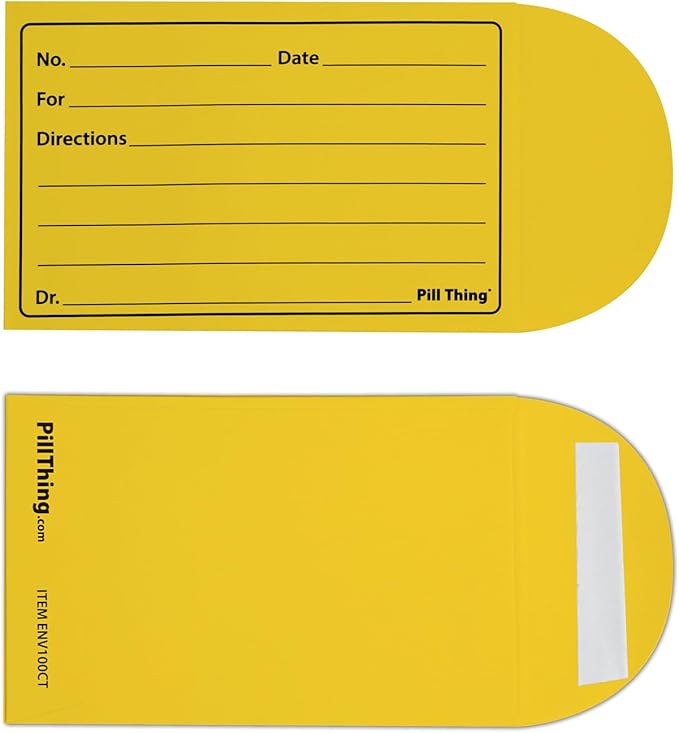 Peel and Seal Printed Pill Envelopes, 3.5" x 2.5", Easy-to-Fill Design, Secure Resealable Closure, Fits Various Medication Sizes (Yellow, 100 Pack)