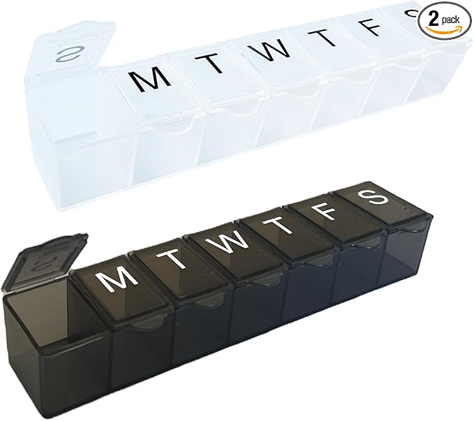 2 Pack Weekly (7-Day) Pill Organizer, 7 Days Pill Case Travel Daily Pill Box Portable Medicine Organizer and Planner with Compartment for Vitamins, Fish Oil, Supplements and Medication(Black&White)