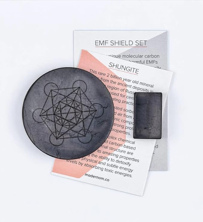 Shungite Plates for Cell Phones, Tablets, Laptops | Shungite Stone Stickers for Electronics with Sacred Geometry – Set of 2, Large Plate with Metatron’s Cube