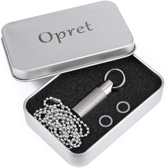 Opret Titanium Pill Container with Keychain & Necklace, Waterproof Pill Case for Emergency Aspirin & Nitroglycerin, Mini Pill Holder for Travel Purse Pocket EDC Accessory