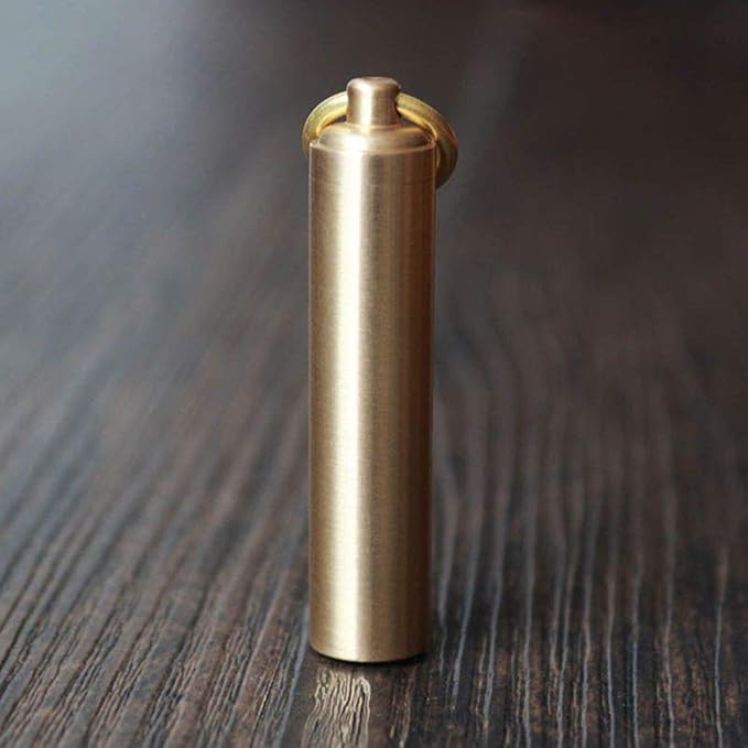 EORTA 2 Pieces Mini Pill Fob Portable Keyring Boxes Waterproof Brass Bottles Medicine Case Dispenser Tablet Container Single Chamber Holder for Travel Outdoor Sports, Golden