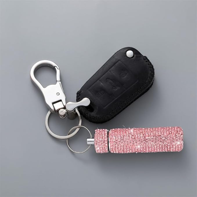 Bling Rhinestone Pill Case Portable Waterproof Pocket Pill Holder Bottle Storage with Keychain for Travel, Outdoor, Camping (Pink)
