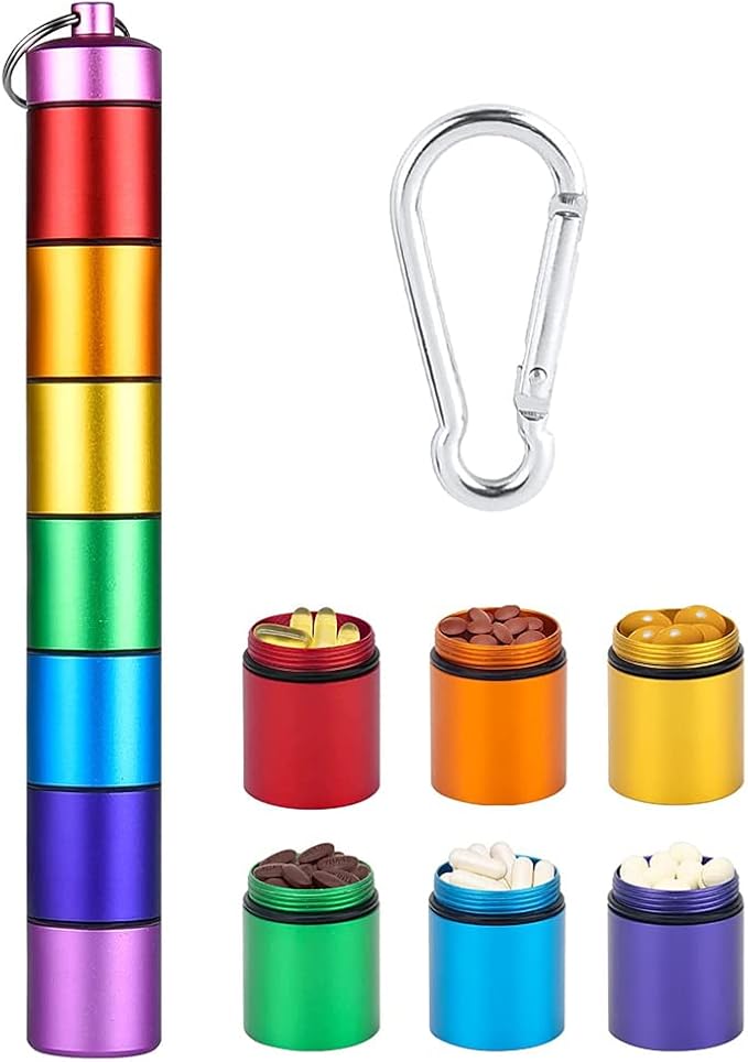 Tvoip Portable Pill Case Keychain Waterproof 7 Days Pill Holder Travel Pill Container Portable Medicine Keychain Daily Airtight Pill Organizer for Outdoor Camping Travel (Rainbow)