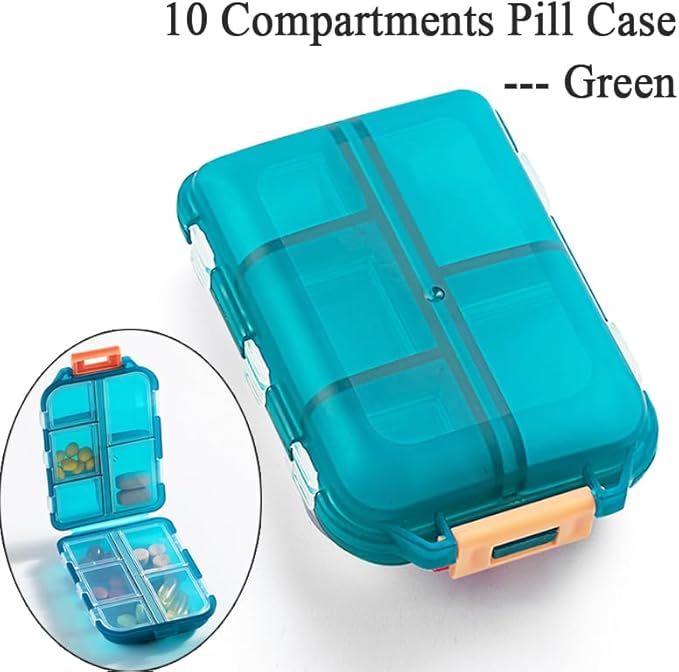 Daily Travel Pill Case Organizer, Small 10 Compartments Medicine Box Dispenser, Compact Purse Portable Pill Reminder Perfect for On-The-Go Storage Vitamin, Fish Oil, Calcium Tablet, Green