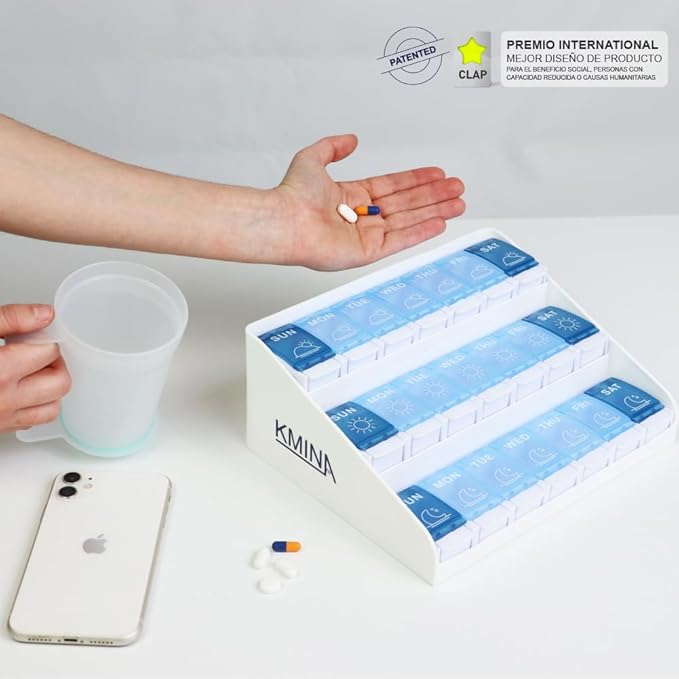 KMINA Extra Large Pill Organizer 3 Times a Day, Weekly Medicine, 7 Day Pills Box Case with Push Button for Big Vitamin Supplements, Patented, Made in Europe