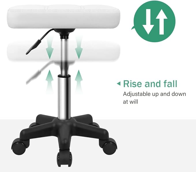 FURWOO Rectangle Rolling Stool with Wheels Height Adjustable Swivel Stool Chair for Spa Salon Massage White