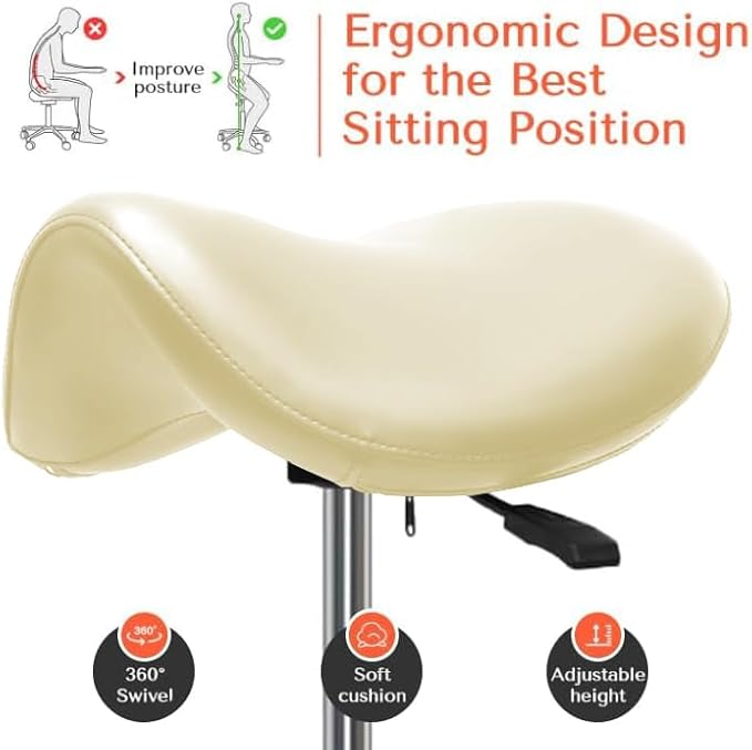 Saddle Stool with Wheels,Rolling Stool,Rolling Chair Ergonomic Swivel Rolling Chair with Hydraulic Lifting Height Adjustable Rolling for Office Medical Massage Salon Drafting(White)