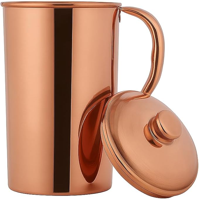 Pure Copper Pitcher for Ayurvedic Health Benefits 1.5 liter Handcrafted Copper Water Jug with Matching Lid | for Ayurveda Health Benefits (50.7 US Fluid Ounce)