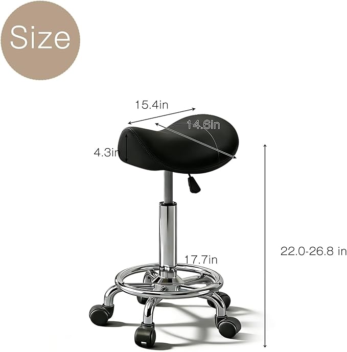 Saddle Stool with Ring Pedal, Adjustable Hydraulic Rolling Chair with Wheels for Medical, Massage, Salon, Spa, Kitchen, and Drafting Use