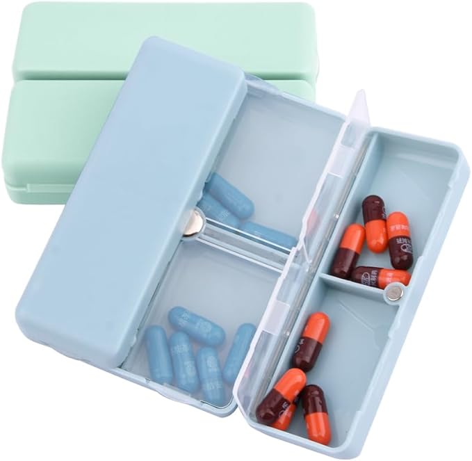 Xiaokeis 2 Pcs Pill Organizer, Travel Pill Organizer, Pocket Pharmacy with 7 Compartments Design, Magnetic Travel Pill Box Pill Dispenser, Portable Medicine Vitamin Holder Container(Blue+Green)