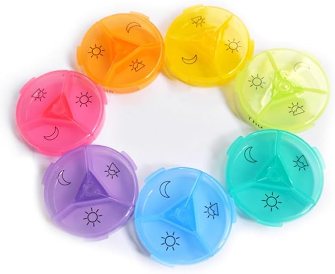 EXCEART Rainbow 21 Compartments Weekly Pill Organizer Portable Medicine Dispenser Round Vitamin Container Travel Holder for Daily Pill Storage