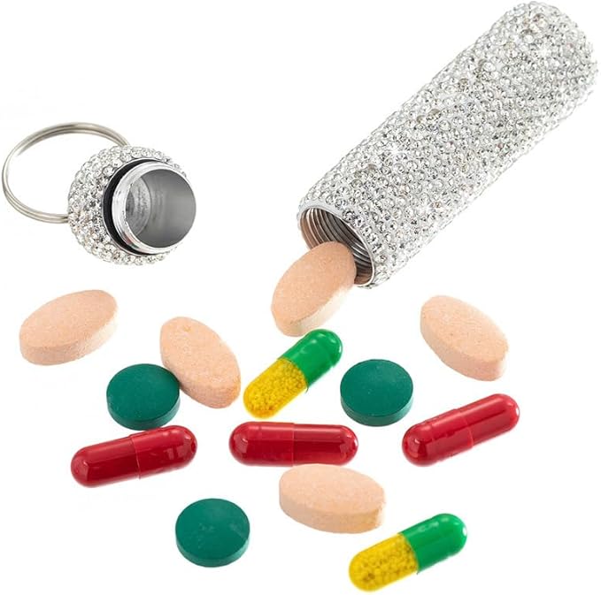 Bling Rhinestone Pill Case Portable Waterproof Pocket Pill Holder Bottle Storage with Keychain for Travel, Outdoor, Camping (White)