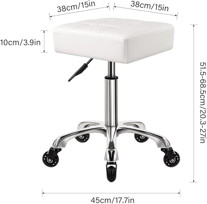 Modern Heavy Duty Rolling Stoool Square Thick Leather Seat 360 Swivel Stool with Wheels Height Adjustable Stool Chair for Home Kitchen Drafting Lab Office Salon Massage（White）