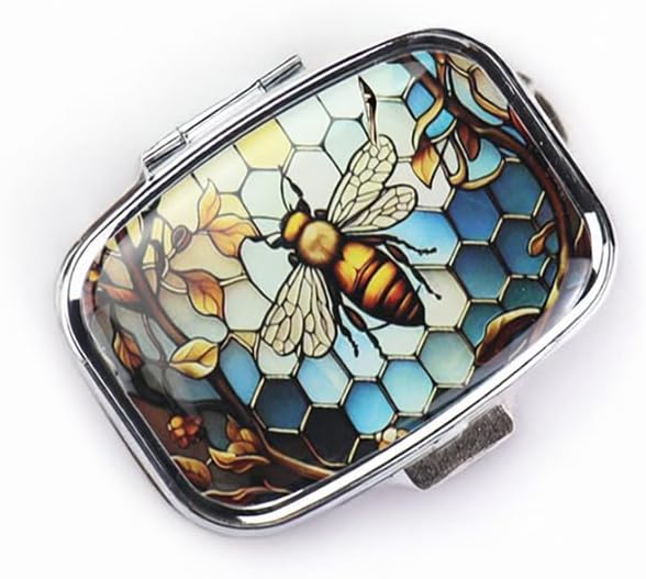 WATASSA Pill Box with Animal Style Mirror All-in-One 2-Compartment Portable Medicine Organizer, Marble Pattern Travel Pill Case for Vitamins&Daily Medication(Fits Pocket/Purse) (Amber Bee)