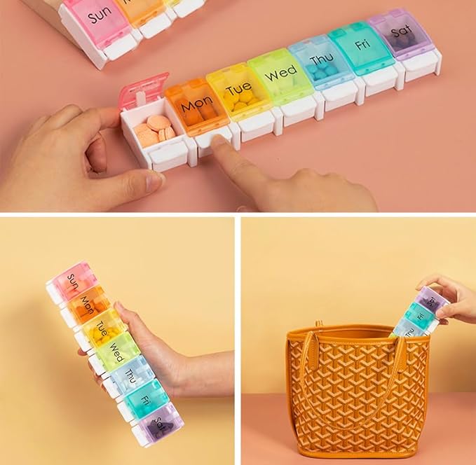 7 Day Pill Case Organizer, Large Medicine Box Dispenser Daily, Colorful Travel 7 Dividers Vitamin Holder with Easy Push Button for Medication, Supplement, Fish Oil, Cod Liver Oil, Capsules
