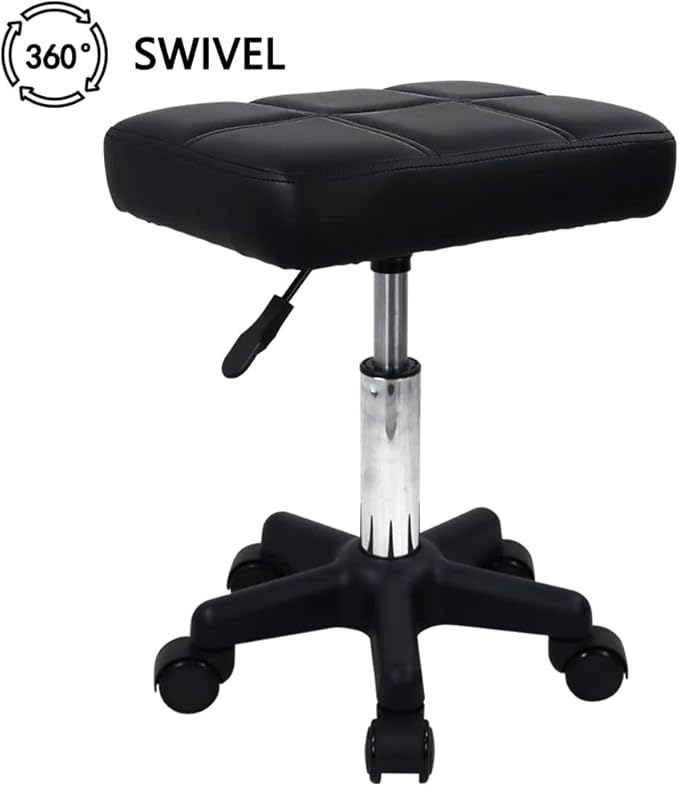 FURWOO Rectangle Rolling Stool with Wheels Height Adjustable Swivel Stool Chair for Spa Salon Massage Black