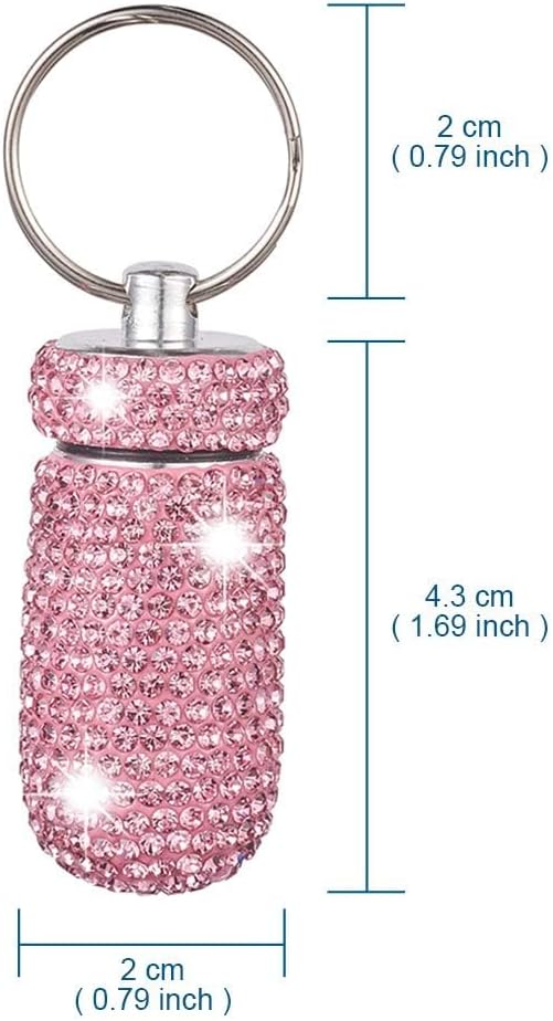 XhuangTech Waterproof Keychain Pill Box Bling Round Medicine Organizer Holder Container Aluminum Portable Mini Bottle Storage Case for Outdoor Travel Camping Purse Pocket (Pink)