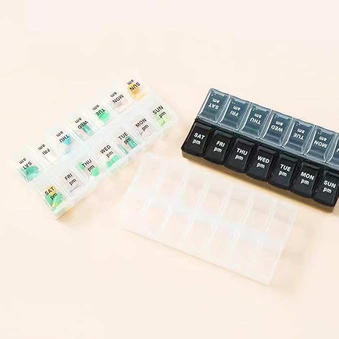 Large Pill Organizer, Weekly Portable Pill Dispenser Reminder, Travel Daily Pill Case Box Holder, Medication Planner for Vitamin, Medicine, Fish Oil, Supplements, 14 Compartment, Transparent