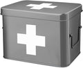 Flexzion Medicine Box, Home Pharmacy Box, 33 x 21 x 19 cm, Metal Medication Storage Box for Emergency, First Aid Cabinet, with Side Handles, Removable Tray & 5 Compartments, Grey