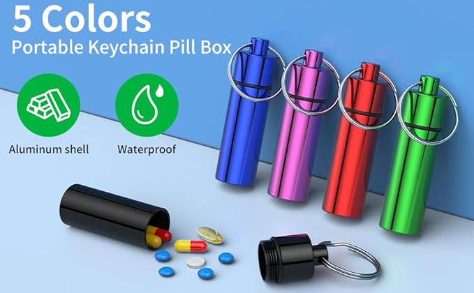 Small Pill Box,(5 Pack) Keychain Pill Holder Portable Mini Travel Pill Container Metal Case Bottle with Keyring