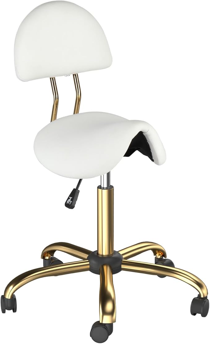 OmySalon Drafting Chair,Ergonomic Saddle Stool with Back Support,Tall Adjustable Rolling Stool with Thick Seat Cushion, Office Computer Chair for Salon Barber Spa Home Bar, White Gold