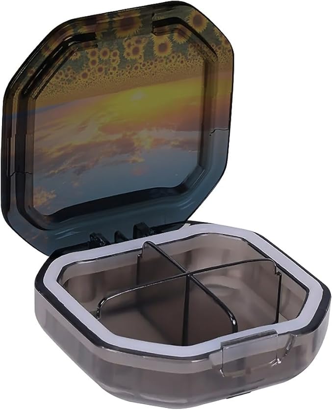 This Portable Sunflowers at Sunset Pattern 4-Compartment Pillbox Can Be Placed in A Pocket Or Wallet to Store Vitamins, Medicines Fish Oil Health Supplements Other Medications.