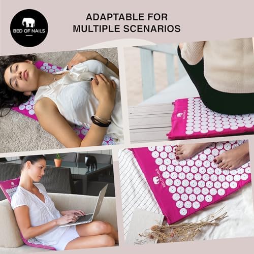 Bed of Nails Mat and Pillow Set – Original Bon Acupressure Design with 10962 Precision Nails, Mat: 28.5 x 16.5 x 1", Pillow: 14.5 x 6 x 4", Pink