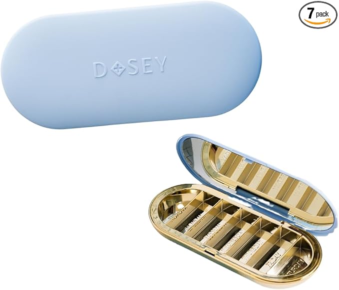 Dosey 7 Day Pill Compact Travel Pill Organizer - Pill Case with 7 Pill Compartments for Medicine Storage & Protection – Stylish & Elegant Medication Organizer with Mirror (Blue)