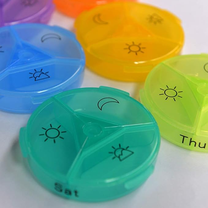 EXCEART Rainbow 21 Compartments Weekly Pill Organizer Portable Medicine Dispenser Round Vitamin Container Travel Holder for Daily Pill Storage
