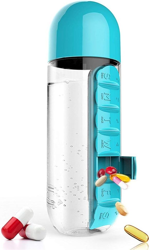 Weekly Pill Box & Water Bottle 7 Day Pill Case Portable Storage Pill Box of Daily Fill Medicine Separated Pill Cases Design, Blue