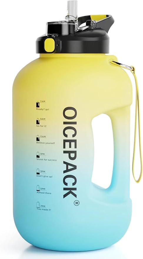 1 Gallon Water Bottle with Straw & Chug lid (optional), BPA Free 128oz Large Water Bottle with Motivational Time Marker and Handle Leak-proof Big Jug