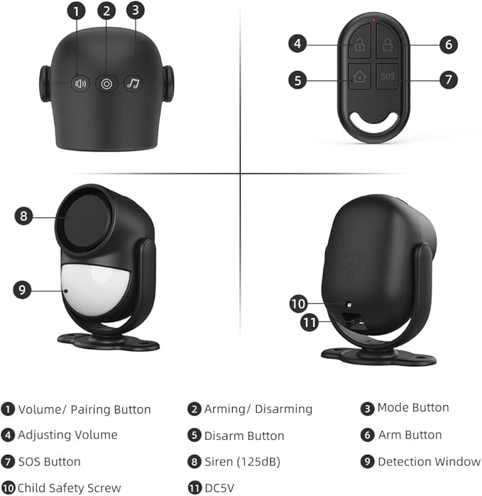 Luckydeer 125dB Loud Motion Sensor Alarm with 328ft Remote Control (40ft PIR Detector, 3*AA Batteries), Indoor Wireless Infrared Security Motion Detector with Siren for Home/Shed/Garage/Van (Black)