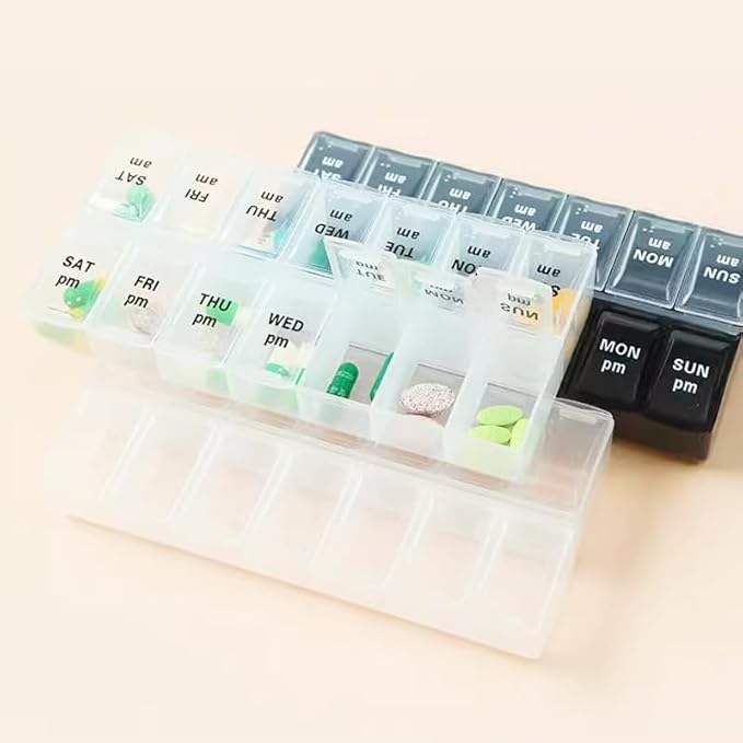 Large Pill Organizer, Weekly Portable Pill Dispenser Reminder, Travel Daily Pill Case Box Holder, Medication Planner for Vitamin, Medicine, Fish Oil, Supplements, 14 Compartment, Transparent