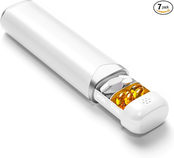 White&Silver 7-Day Portable Travel Pill Box - Daily Pill Organizer with 7 Compartments for Medicine, Fish Oil, Vitamins