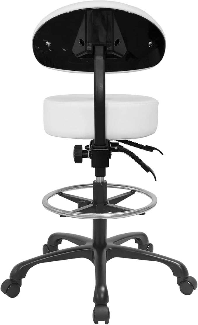 Swivel Rolling Stool Round Chair,Thick Sturdy Padding,Adjustable Stool with Wheels for Doctor,Medical,Massage Salon,Office,Shop(with New Back, White)