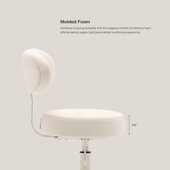 Adjustable Height Hydraulic Rolling Swivel Stool Chair with Metal Base and Faux Leather Cushion for Salon, Medical, Office and Home, 503 Kai Series, Round Seat with Backrest, Vanilla