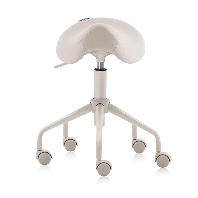 Adjustable Height Hydraulic Rolling Swivel Stool Chair with Metal Base and Faux Leather Cushion for Salon, Medical, Office and Home, 503 Kai Series, Saddle Seat, Vanilla