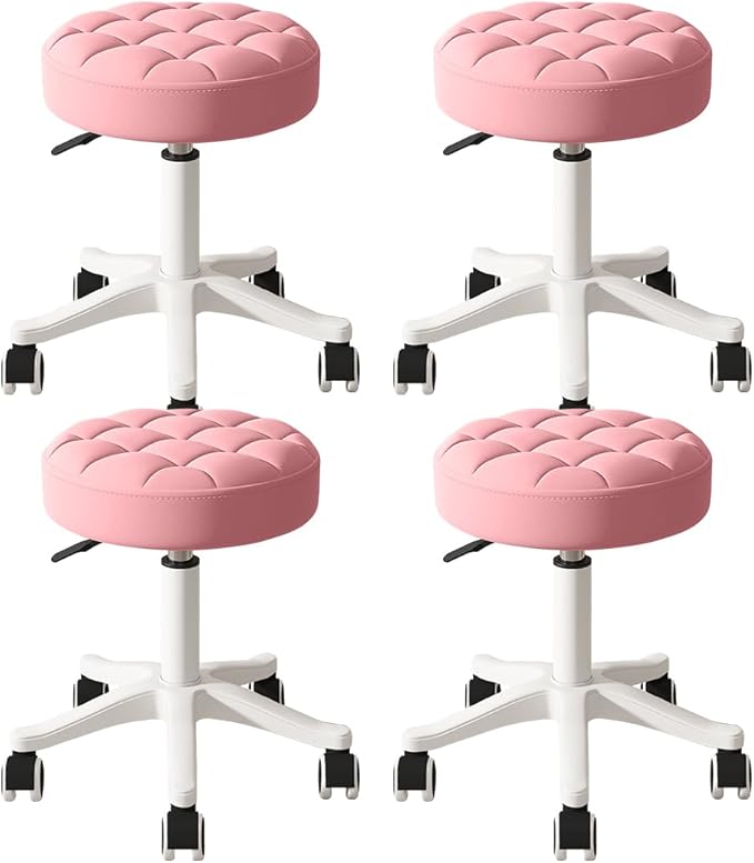 Small Rolling Stool with Wheels, PU Leather Height Adjustable Vanity Work Task Stool, 360 Swivel, Padded Seat Cushion,for Salon, Home, Office