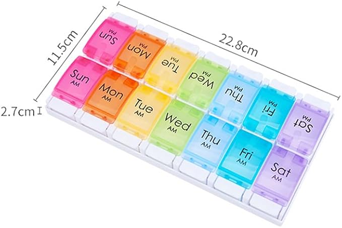Push Button 7-Day Pill Case, Daily Medicine Planner, Travel Vitamin Organizer, Twice a Day AM PM 14 Compartments Pill Box Reminder for Fish Oil, Supplement, Arthritis Friendly, Colorful Lids
