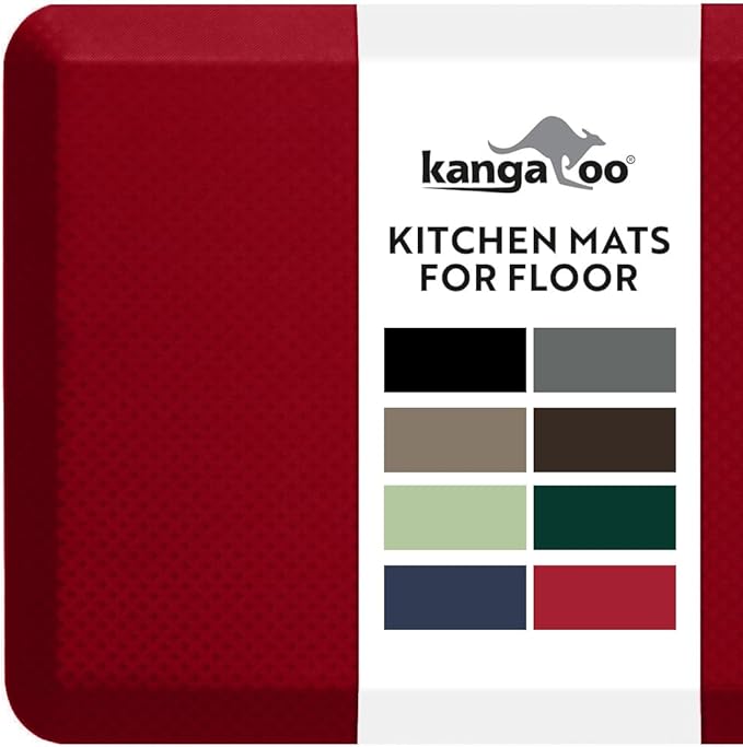 KANGAROO Thick Ergonomic Anti Fatigue Mats for Kitchen Floor, 70x24 Runner, Cushioned Standing Office Desk Mat, Waterproof Scratch Resistant Topside, Supportive All Day Comfort Padded Foam Rugs, Red