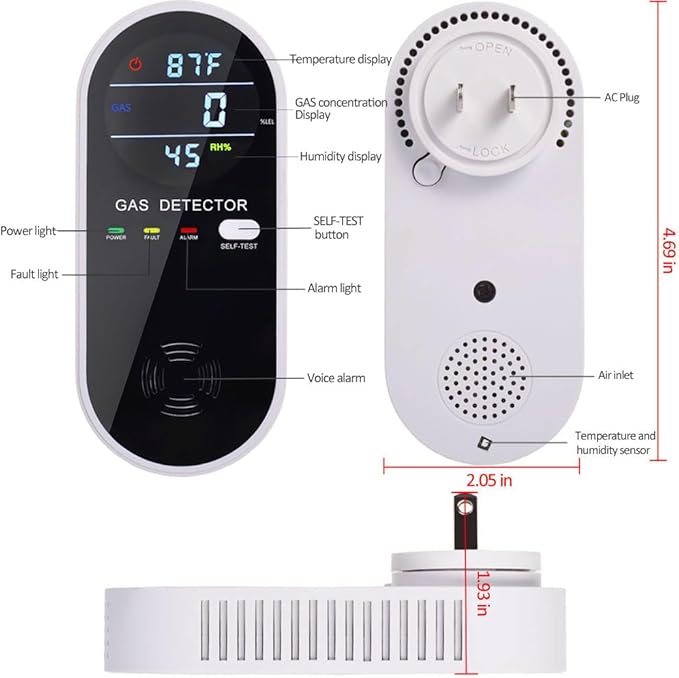 Natural Gas Detector, 3 in 1 Plug-in Propane Gas Detector(Gas, Temperature and Humidity Display), Combustible Gas Detector for Home & RV Gas Leak Detector for LNG, LPG, Methane