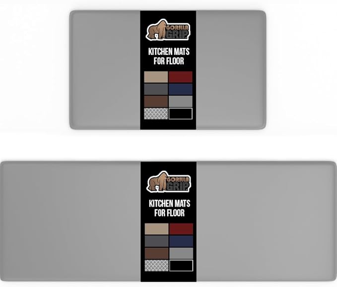 GORILLA GRIP 2 Pack Comfortable Cushioned Kitchen Mats for Floor, 17x29 + 17x59, Waterproof and Stain Resistant, 1/2 Inch Thick Soft Ergonomic Standing Desk Anti Fatigue Mat, Foam Supports Feet, Grey