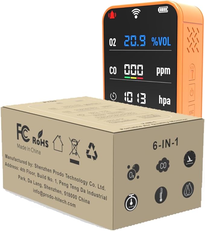 7-in-1 Portable Sensor for O2 | CO | Air Pressure | Temperature | Humidity Detection - 3000mAh Rechargeable Battery, SD Card, Built-in Flashlight & Stopwatch, Portable Gear for Hiking, Camping, RVs