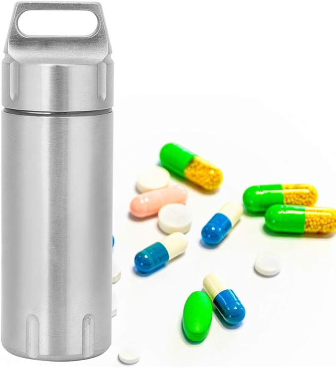 Organizers, Portable Box Case Stainless Steel Pills Case Container Bottles Keychain for Women Man Elderly Outdoor Sports Travel Holder (Steel Color)