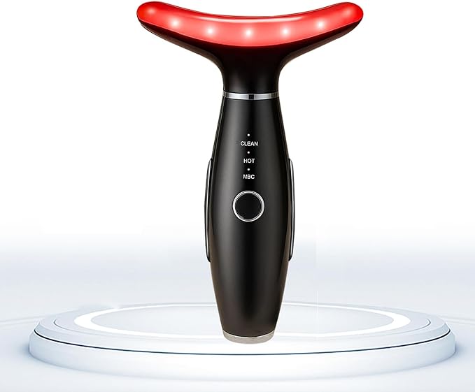 Face Massager -7 Color Red-Light-Therapy for Face and Neck for Wrinkles, Double Chin, Vibrating Facial Massager with Thermals (Black)