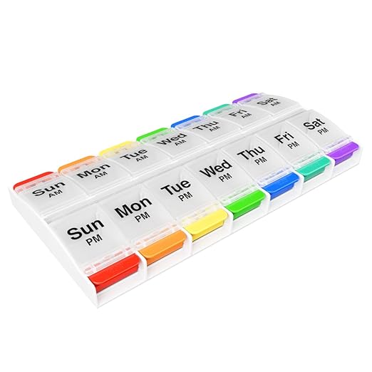 EZY DOSE Push Button (7-Day) Pill Case, Medicine Planner, Vitamin Organizer, 2 Times a Day, AM/PM Container, X-Large Compartments, Arthritis Friendly, Easy to Use, Clear Lids, Rainbow, BPA Free