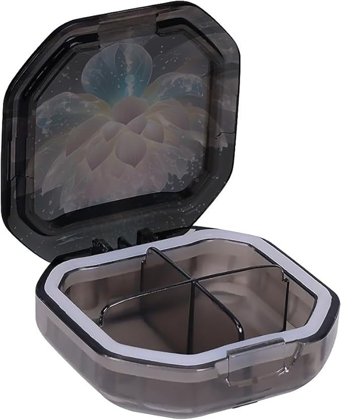 This Portable Crystal Lotus Flower Pattern 4 Compartment Pill Box Can Be Placed in A Pocket Or Wallet to Store Vitamins, Medicines Health Supplements Other Medications.