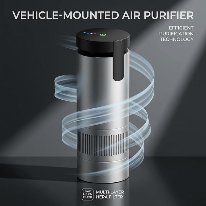 Vehicle-Mounted Car Air Purifier, Silver, Multi-Layer Filter Element, Compact Cup Holder Design