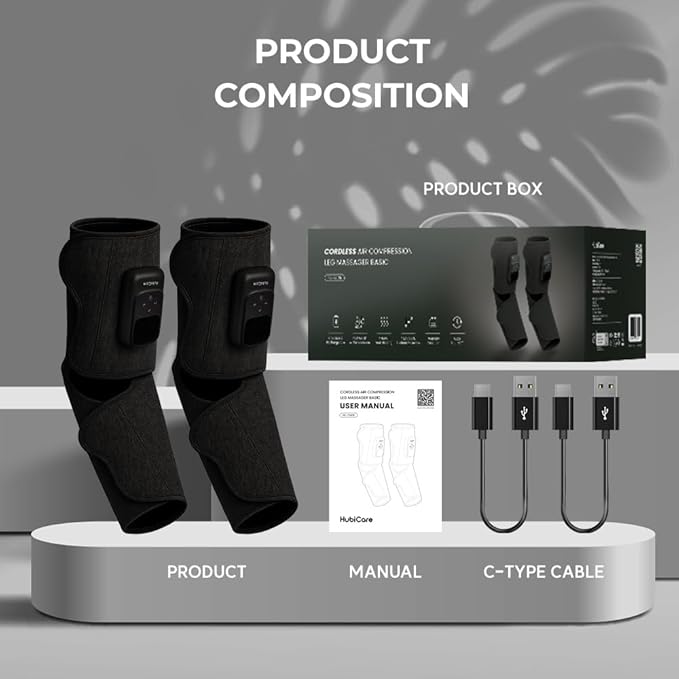 HuBDIC HubiCare Cordless Calf and Feet Massager with Heat and Air Compression for Circulation and Pain Relief, 5 Modes with 5 Intensities, Reduce Swelling, Muscles Relaxation Device (Black)