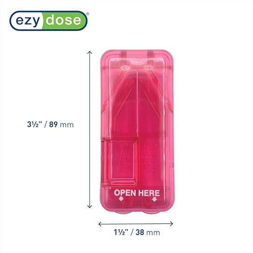 EZY DOSE Pill Cutter and Splitter with Dispenser, Safely Cuts Large, Small and Tiny Pills, Vitamins, Tablets in Half, Accurate and Easy Cutting, Stainless Steel Blade, Travel Sized, Pink, BPA Free